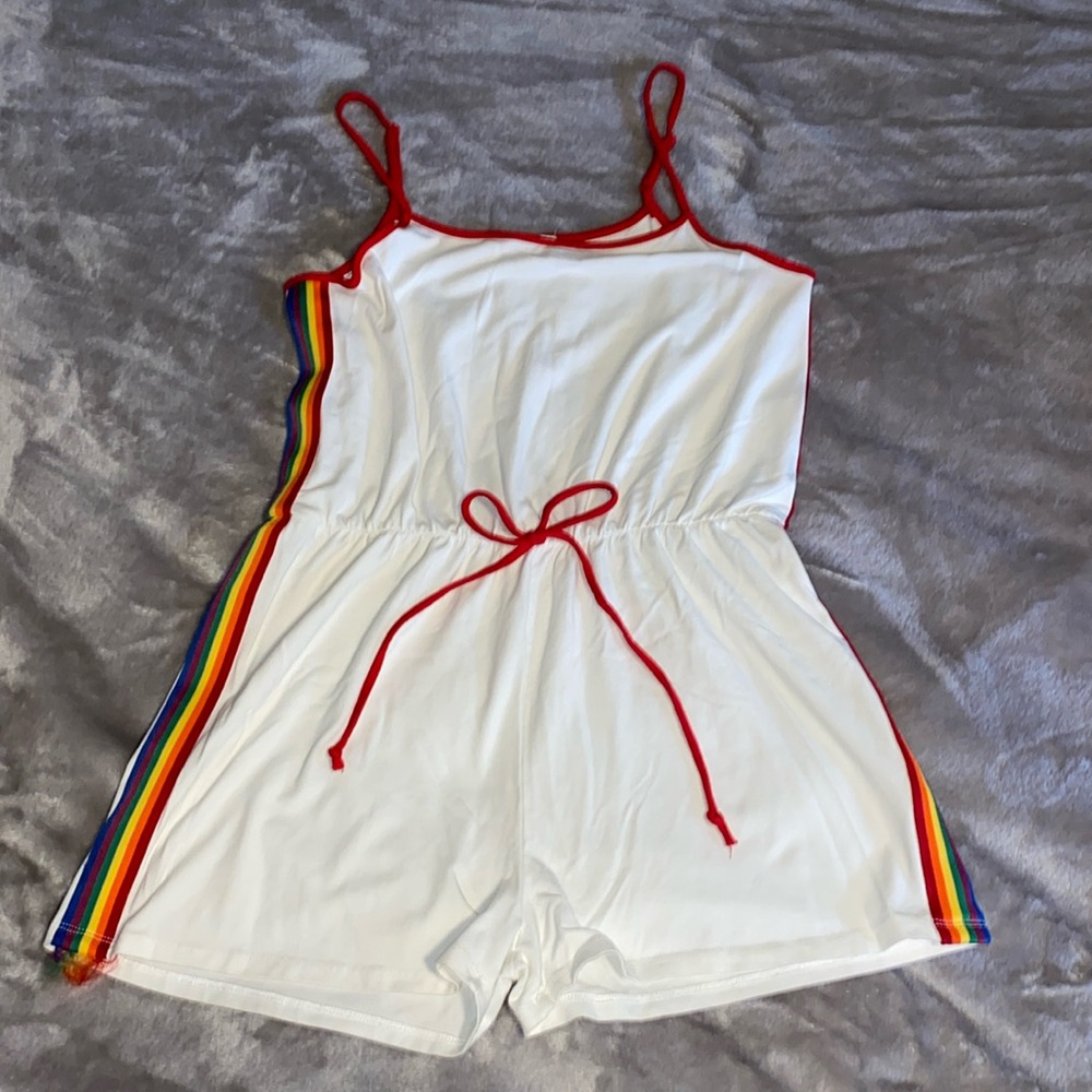 White with red outlines & rainbow stripes romper